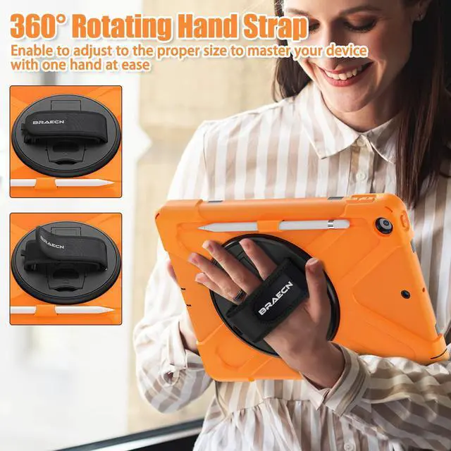 Alt view image 4 of 5 - BRAECNstock for Apple iPad 9th/ 8th/ 7th Generation Case 10.2" 2021/2020/2019 Shockproof Protective iPad 10.2 Kids Case with Screen Protector, Pencil Holder, Rotating Stand + Hand Strap, Orange