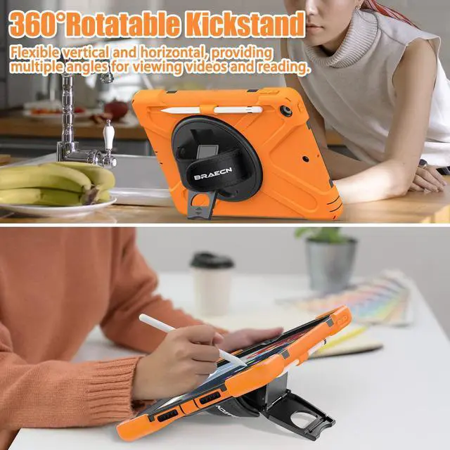 Alt view image 5 of 5 - BRAECNstock for Apple iPad 9th/ 8th/ 7th Generation Case 10.2" 2021/2020/2019 Shockproof Protective iPad 10.2 Kids Case with Screen Protector, Pencil Holder, Rotating Stand + Hand Strap, Orange