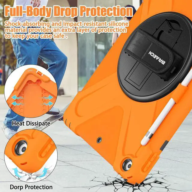 Alt view image 3 of 5 - BRAECNstock for Apple iPad 9th/ 8th/ 7th Generation Case 10.2" 2021/2020/2019 Shockproof Protective iPad 10.2 Kids Case with Screen Protector, Pencil Holder, Rotating Stand + Hand Strap, Orange