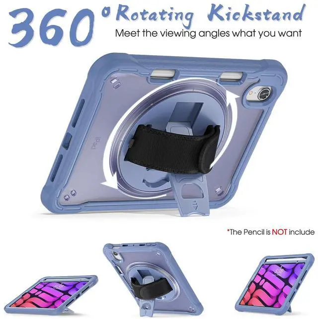 Alt view image 4 of 5 - BRAECNstock Case for iPad Mini 7 (A17 pro) 2024/ Mini 6 8.3", Shockproof Protective Cover with Pencil Holder, Screen Protector, 360° Rotating Hand Strap/Stand for iPad mini 7th/ 6th Gen, Lavender Grey