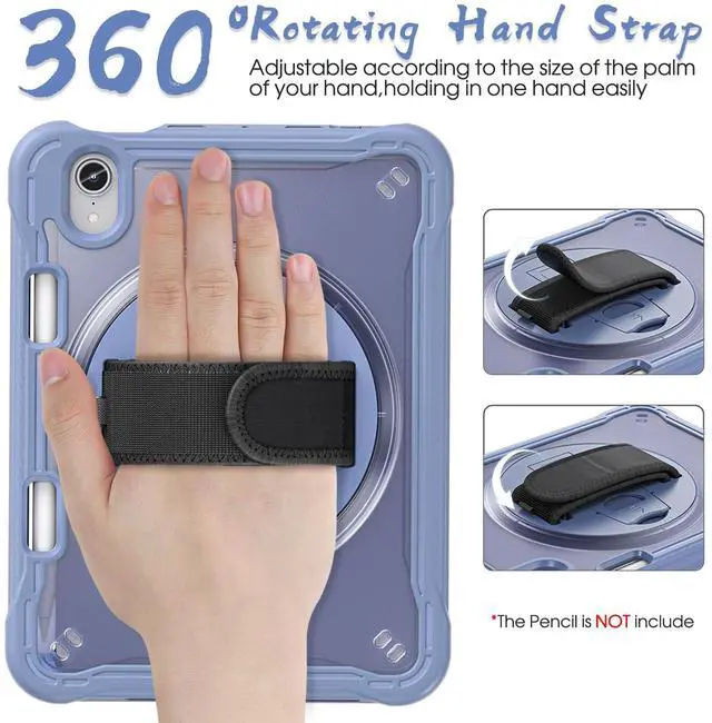 Alt view image 3 of 5 - BRAECNstock Case for iPad Mini 7 (A17 pro) 2024/ Mini 6 8.3", Shockproof Protective Cover with Pencil Holder, Screen Protector, 360° Rotating Hand Strap/Stand for iPad mini 7th/ 6th Gen, Lavender Grey