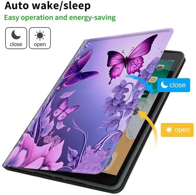 Alt view image 3 of 5 - CGFGHHUY for All-New Kindle Fire 7 Tablet Case 12th Generation 2022 Release 7 inch Lightweight Protective PU Leather Smart Stand Cover with Auto Wake Sleep - Pink Flowers Purple Butterflies