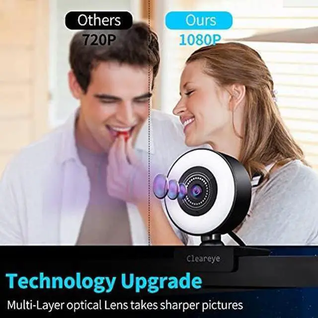 Alt view image 4 of 5 - 1080P 60FPS Streaming Webcam with Ring Light, Fast AutoFocus, 2021 Cleareye USB 1080P Web Camera, Dual Stereo Microphone, for Zoom Meeting Skype Teams