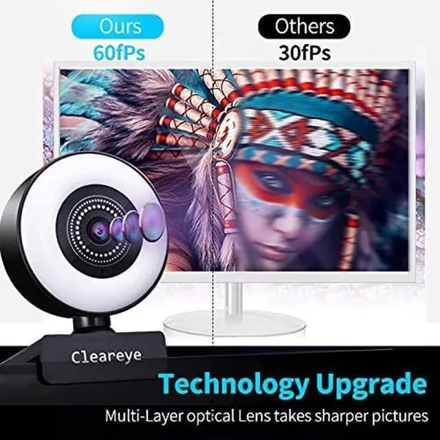 Alt view image 5 of 5 - 1080P 60FPS Streaming Webcam with Ring Light, Fast AutoFocus, 2021 Cleareye USB 1080P Web Camera, Dual Stereo Microphone, for Zoom Meeting Skype Teams