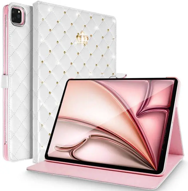 Main image of Changjia for iPad Air 13 Inch Case M3 2025/M2 2024,iPad Pro 12.9 (6th/5th/4th Gen 2022/2021/2020), Cute Crown Rhinestone Elegant PU Leather Auto Sleep/Wake Stand Protective Case for iPad Air 13",White