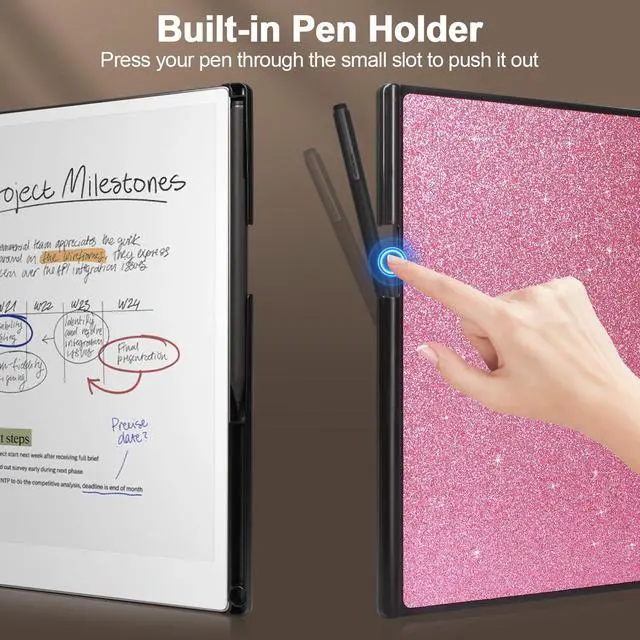 Alt view image 3 of 5 - Caweet Case for Remarkable Paper Pro 11.8" 2024, Slim Hard Back Shell Protective Book Folio Cover with Built-in Pen Holder and Auto Wake/Sleep, Glitter Pink