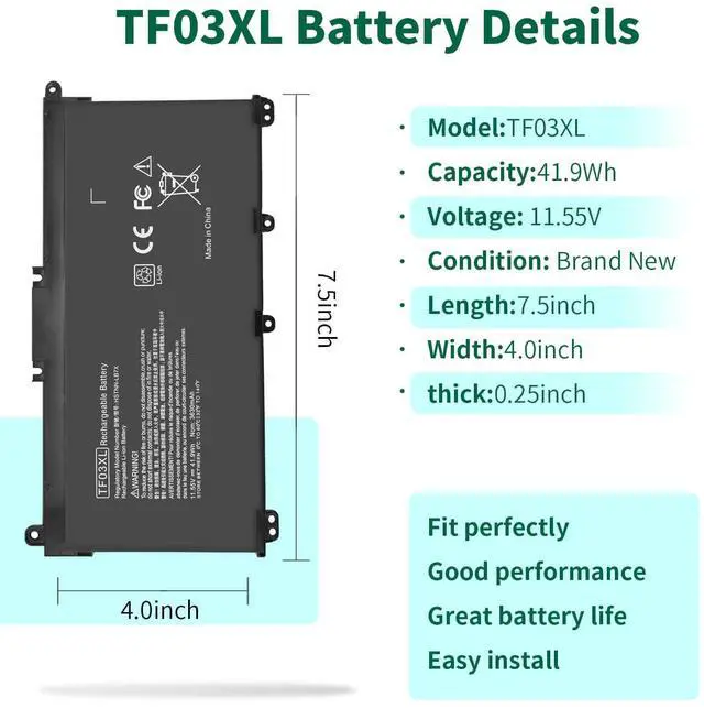 Alt view image 2 of 5 - 920070-855 TF03XL Laptop Battery for HP Pavilion 15-CC 15-CD 14-BF 15-CC0XX 15-CC1XX 15-CD0XX 15-CC123CL 15-CC561ST 15-CC154CL 15-CC184CL 15-CD075NR 17-AR050WM 14-BF050WM 14M-CD0001DX 14-CD0056TX