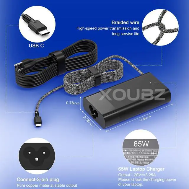 Alt view image 3 of 5 - XOUBZ New Slim 65W USB C Laptop Charger Replacement for HP Envy X360,Spectre X360,Elitebook,Elitebook X360,Chromebook,Pavilion,Elite x2 Travel Type C Laptop Power Adapter