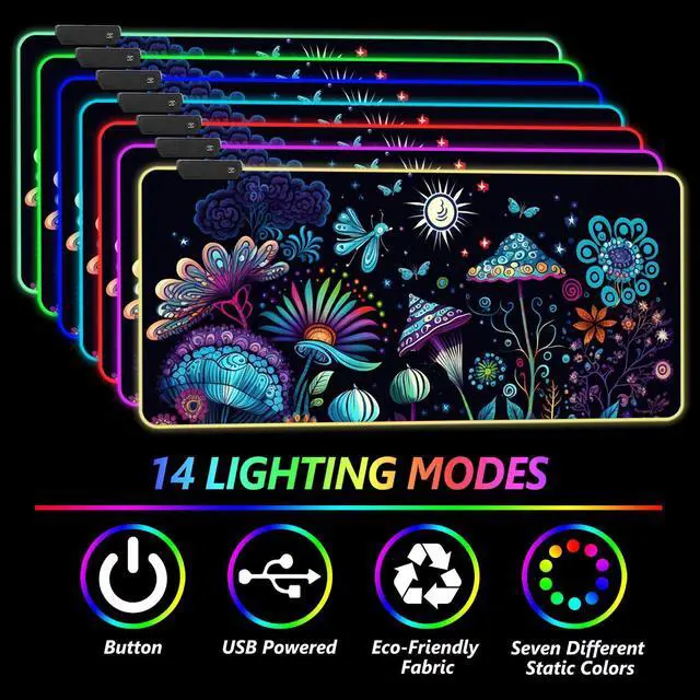 Alt view image 2 of 5 - RGB Gaming Mouse Pad, DINKY Large Extended Soft Led Mouse Pad with 14 Lighting Modes, Water Resist Keyboard Pad, Computer Keyboard Mousepads Mat 35.4x15.8 inches- Cute Mashroom
