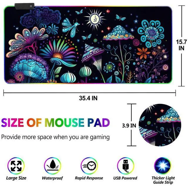 Alt view image 4 of 5 - RGB Gaming Mouse Pad, DINKY Large Extended Soft Led Mouse Pad with 14 Lighting Modes, Water Resist Keyboard Pad, Computer Keyboard Mousepads Mat 35.4x15.8 inches- Cute Mashroom