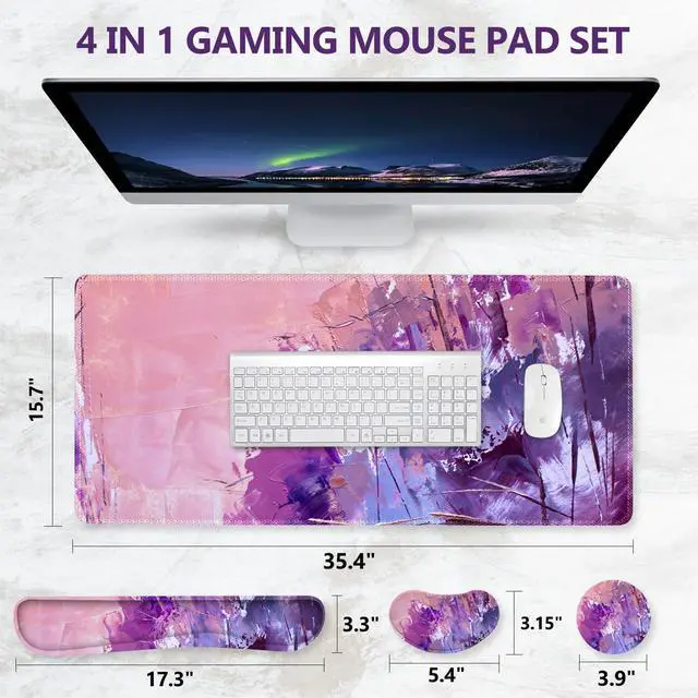 Alt view image 5 of 5 - DINKY Keyboard Mouse Pad Set, Large Gaming Mousepad + Memory Foam Ergonomic Keyboard Wrist Rest Support, Easy Typing Pain Relief, 4Pcs (35.4" x 15.8") Extended Desk Mat-Abstract