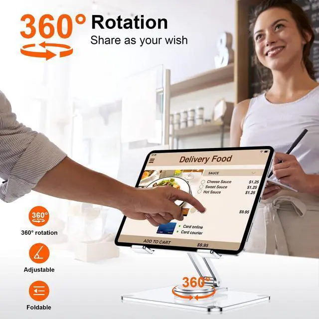 Alt view image 2 of 5 - CreaDream Acrylic Tablet Stand Holder with 360 Rotating Base, Foldable Adjustable Transparent Tablet Holder for Desk Home Office, Compatible with iPad Pro Air Mini and More, Clear