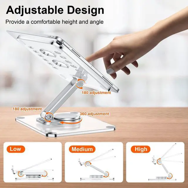Alt view image 3 of 5 - CreaDream Acrylic Tablet Stand Holder with 360 Rotating Base, Foldable Adjustable Transparent Tablet Holder for Desk Home Office, Compatible with iPad Pro Air Mini and More, Clear