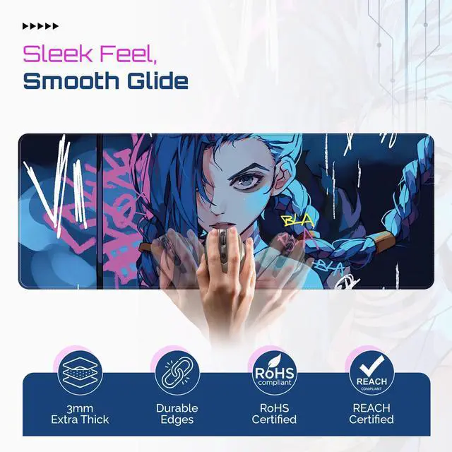 Alt view image 2 of 5 - Large Gaming Mouse Pad 31.5 x 11.8 Inches XXL Extended for Mouse and Keyboard Non-Slip and Water Resistant Surface with Anime Cute Girl Design Jinx Ideal for Competitive Gaming League