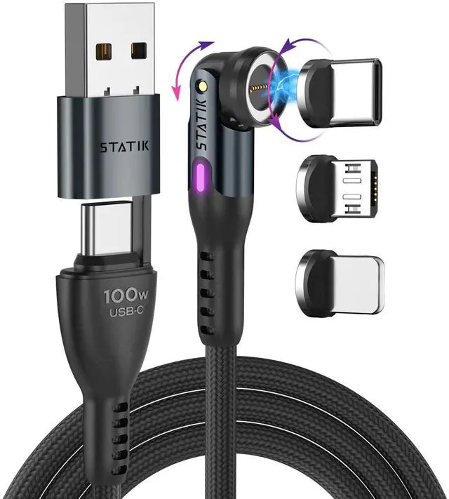 Main image of Statik 360 Pro Magnetic Charging Cable - 100W Fast Charging USB C Charging Cable, Magnetic Charger Cable Compatible with Apple Devices, USB-C, Micro-USB, USB-A Adapter - Black 3FT/1M