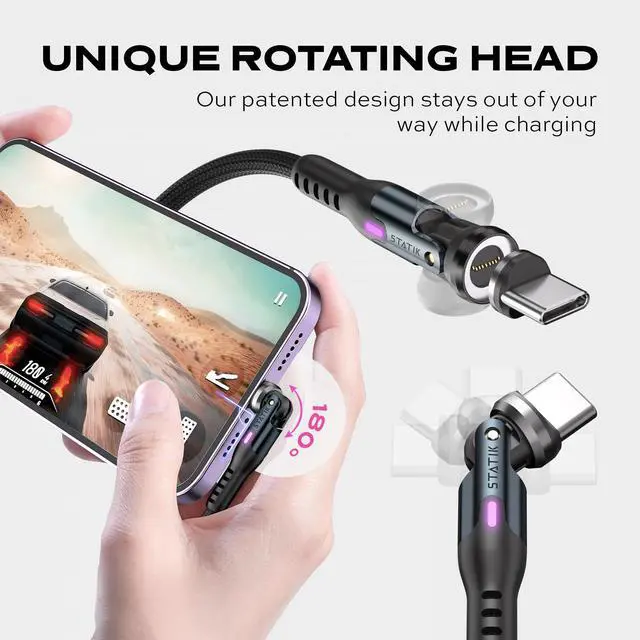 Alt view image 3 of 5 - Statik 360 Pro Magnetic Charging Cable - 100W Fast Charging USB C Charging Cable, Magnetic Charger Cable Compatible with Apple Devices, USB-C, Micro-USB, USB-A Adapter - Black 3FT/1M