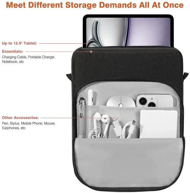 Alt view image 3 of 5 - Dadanism 13 Inch Tablet Sleeve Shoulder Bag with Handle for iPad Pro 13" M4 2024, iPad Air 13", iPad Pro 12.9", Galaxy Tab S10+ Plus/S9 FE+/S9+ Plus 12.4", Remarkable Paper Pro 11.8", Black Gray