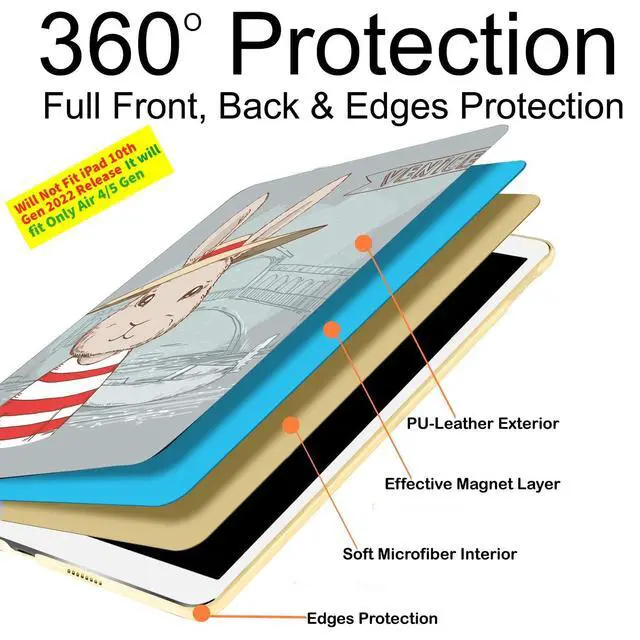 Alt view image 5 of 5 - DuraSafe Cases for iPad Air 6th 2024 5th 2022 4th 2020 [Air 4 5 6 11] A2588 A2316 MM6R3LL/A MM6T3LL/A MYHX2LL/A Smart Profile Viewing Angle Stand Printed Flip Cover - Bunny Hat