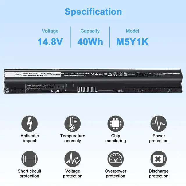 Alt view image 2 of 5 - M5Y1K 14.8V 40wh Battery Replacement for Dell Inspiron 14 15 17 5000 3000 Series 5559 5558 3451 3452 3458 3551 5458 5755 5756 5758 5759 P47F P51F P52F P63F P64G 453-BBBQ GXVJ3 WKRJ2 HD4J0 991XP VN3N