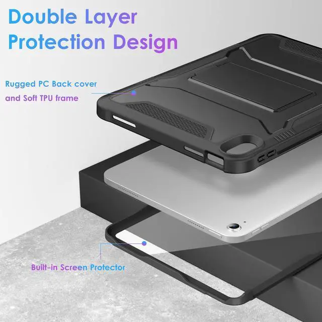 Alt view image 4 of 5 - DTTO Case Compatible with iPad 10th Generation 10.9 inch 2022,Durable Shockproof Full Body Protective and Slim Tri-fold Stand Soft TPU Back Cases Black & Black