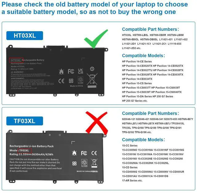 Alt view image 2 of 5 - HT03XL L11119-855 Laptop Battery for HP Pavilion 15-DA 15-DB 15-DW 15-DY 14-CE 14-CF 14-DF 17-by 17-CA Series, 14M-DH0003DX 14M-DH1003DX 15T-DA000 15T-CS200 15-CW1XXX 15T-CS300 LPD1071 15-DB0004DX