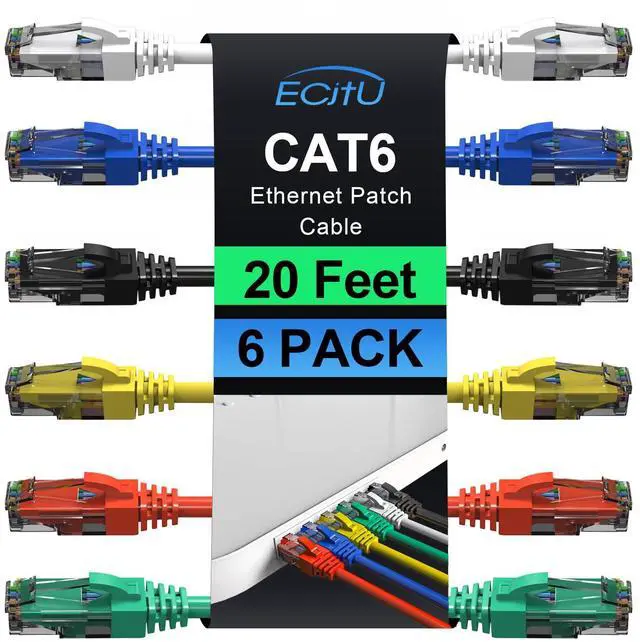 Main image of Cat6 Patch Cables 20 Feet (6 Pack), Cat 6 Ethernet Cable, 24AWG CCA, UTP Network Cord, Internet Cable, Compatible for PC, Laptop, Router, Switch, Server, Printer, RJ45 LAN with 25 Cable Ties - 20FT