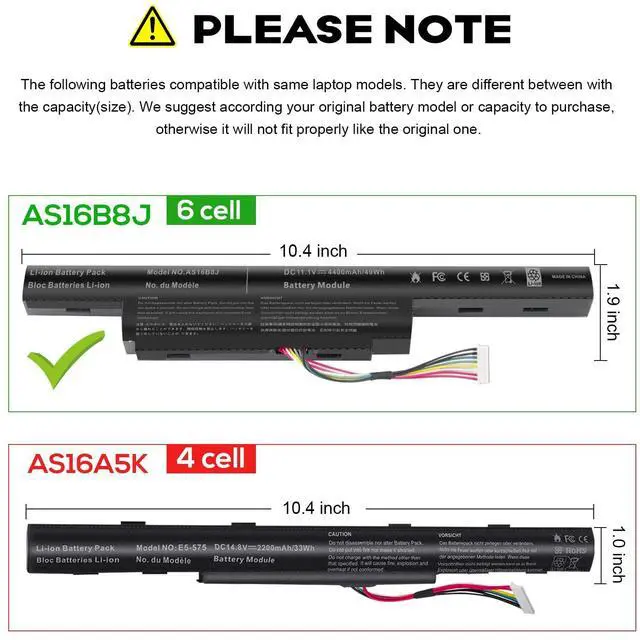Alt view image 2 of 5 - Fancy Buying AS16B8J Laptop Battery Compatible Acer Aspire E5-575G E5-575G-53VG 15.6" E5-575G-549D Series 3INR19/66-2 AS16B5J