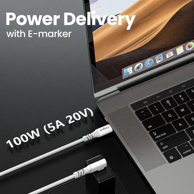 Alt view image 3 of 5 - Fasgear USB-C 3.2 Gen 2x2 Cable - 10ft, 20Gbps/100W Fast Charge, 4K 60Hz Video, Right Angle, Compatible with MacBook Pro, iPad, Galaxy S22, USB-C Monitors (Grey)