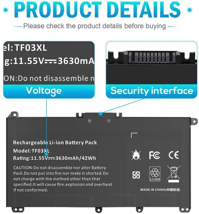 Alt view image 5 of 5 - TF03XL 920070-855 Battery for HP Pavilion x360 14m-cd0001dx 14m-cd0003dx 15-cc0xx 15-cc023cl 15-cc123cl 15-cc050wm 15-cc563st 17-ar050wm 15-cc 15-cd 14-bf 14-bf050wm Series tpn-q190 920046-421