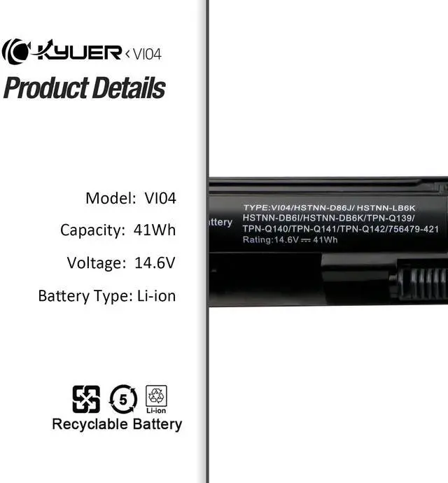 Alt view image 5 of 5 - VI04 756743-001 Battery Replacement for HP ProBook 440 G2 450 G2 TPN Q139 Q140 Q141 Q142 Q143 fit for HP Envy 14 15 17 Series Spare 756743-001 756745-001 756479-421 HSTNN-DB6K HSTNN-LB6K