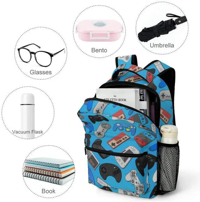 Alt view image 5 of 5 - Fiokroo Video Game Controller Background Backpack School Bag For Students Teens Men Women Gaming Theme Laptop Backpacks Travel Daypack Bag With Multiple Pockets