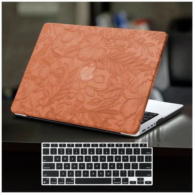 Alt view image 3 of 5 - DTangLsm Compatible for MacBook Pro 14 inch Case 2024-2021 M4 M3 M2 M1 Pro Max A3112 A3185 A3401 A2918 A2992 A2779 A2442, Embossed Floral Texture Faux Leather Hard Shell Case&Keyboard Cover, Brown
