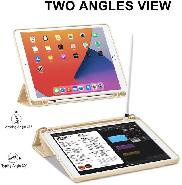 Alt view image 5 of 5 - 2 Pack GHINL Case for iPad 9th/8th/7th Generation Cases (2021/2020/2019) iPad 10.2-Inch Case with Pencil Holder [Sleep/Wake] Slim Soft TPU Back Smart Stand Protective Cover Cases (Light Pink+Champagne