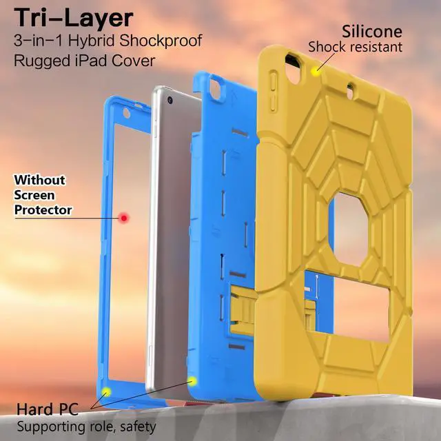 Alt view image 3 of 5 - Grifobes for iPad 6th/5th Generation Cases 2018/2017, for Pad Air 2 Case 2014 9.7 inch, Heavy Duty Shockproof Rugged Protective i Pad 5 6 Gen 9.7" Case with Stand for Kids Boys (Yellow+Blue)
