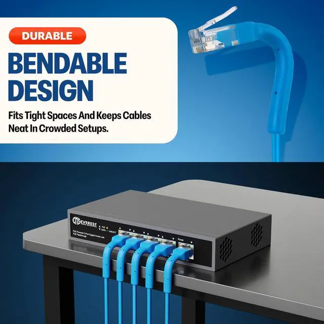 Alt view image 2 of 5 - Everest Ultra Slim Cat6a Ethernet Patch Cables 10ft (10-Pack) Blue - 10GB Cat 6a Patch Cable - Bendable, Flexible & Thin Ethernet Cable - Space Saving 32AWG 550MHZ Cat6a Cables - 100% Copper Wires