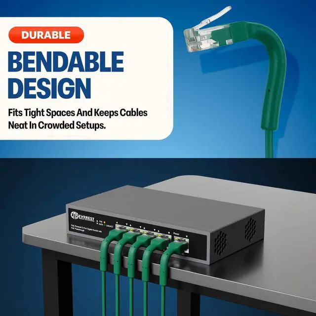 Alt view image 2 of 5 - Everest Ultra Slim Cat6a Ethernet Patch Cables 10ft (10-Pack) Green - 10GB Cat 6a Patch Cable - Bendable, Flexible & Thin Ethernet Cable - Space Saving 32AWG 550MHZ Cat6a Cables - 100% Copper Wires