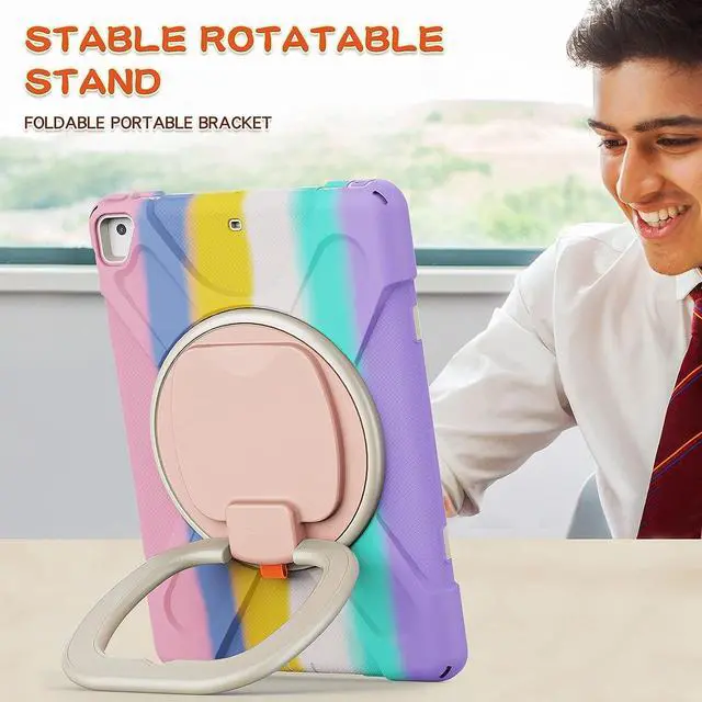 Alt view image 2 of 5 - Heavy Duty Case for iPad 9.7 inch,Shockproof Protective Rugged Cover with Pencil Holder &Rotating Kickstand &Shoulder Strap,Compatible with iPad 6th/5th /Air 2/Pro 9.7 (Colourful Pink)