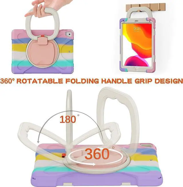 Alt view image 3 of 5 - Heavy Duty Case for iPad 9.7 inch,Shockproof Protective Rugged Cover with Pencil Holder &Rotating Kickstand &Shoulder Strap,Compatible with iPad 6th/5th /Air 2/Pro 9.7 (Colourful Pink)