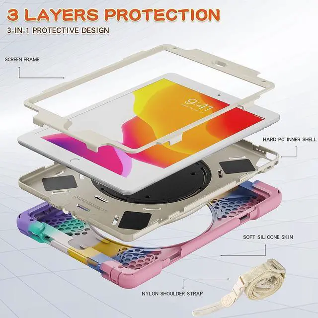 Alt view image 4 of 5 - Heavy Duty Case for iPad 9.7 inch,Shockproof Protective Rugged Cover with Pencil Holder &Rotating Kickstand &Shoulder Strap,Compatible with iPad 6th/5th /Air 2/Pro 9.7 (Colourful Pink)