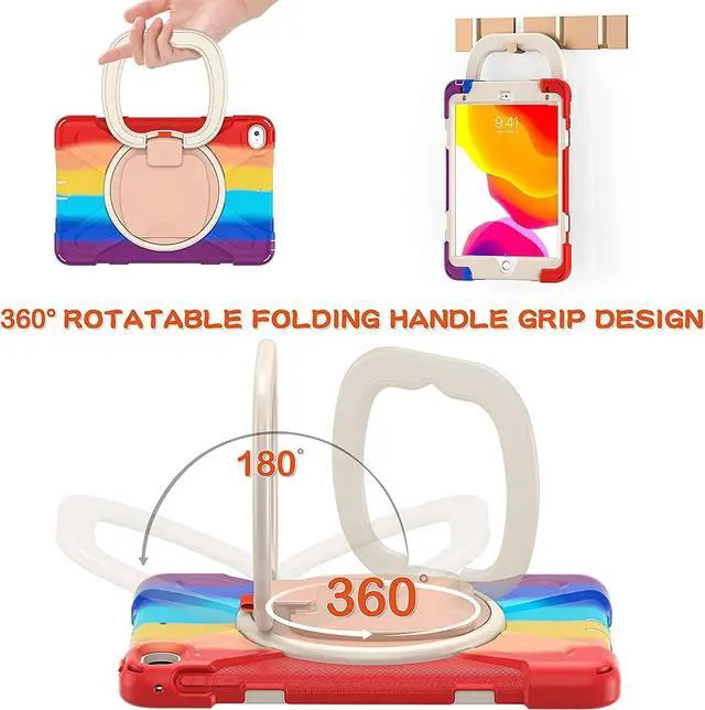 Alt view image 5 of 5 - iPad Mini 5 Case,iPad Mini 4 Case,Protective Rugged Case with Pencil Holder, 360deg Swivel Stand/Handle Grip/Shoulder Strap for Kids, Boys, Girls (Colourful Red)