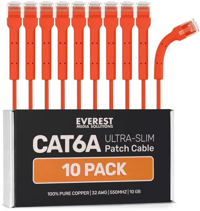 Main image of Everest Ultra Slim Cat6a Ethernet Patch Cables 10ft (10-Pack) Orange - 10GB Cat 6a Patch Cable - Bendable, Flexible & Thin Ethernet Cable - Space Saving 32AWG 550MHZ Cat6a Cables - 100% Copper Wires