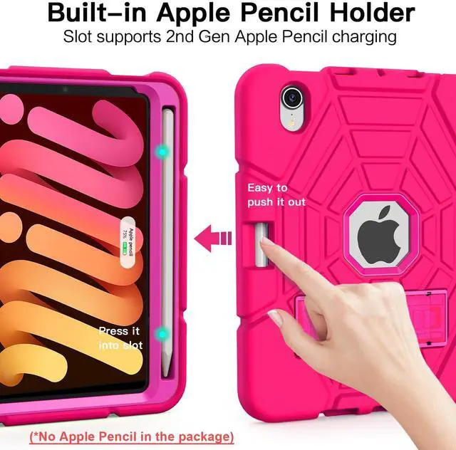 Alt view image 3 of 5 - Grifobes Case for iPad Mini 7th 2024 (A17 Pro) / Mini 6th Generation 2021 8.3", Heavy Duty Shockproof Cover with Pencil Holder Stand, for Mini 7/6 Gen 8.3 inch Case for Kids Girls (Hot Pink)