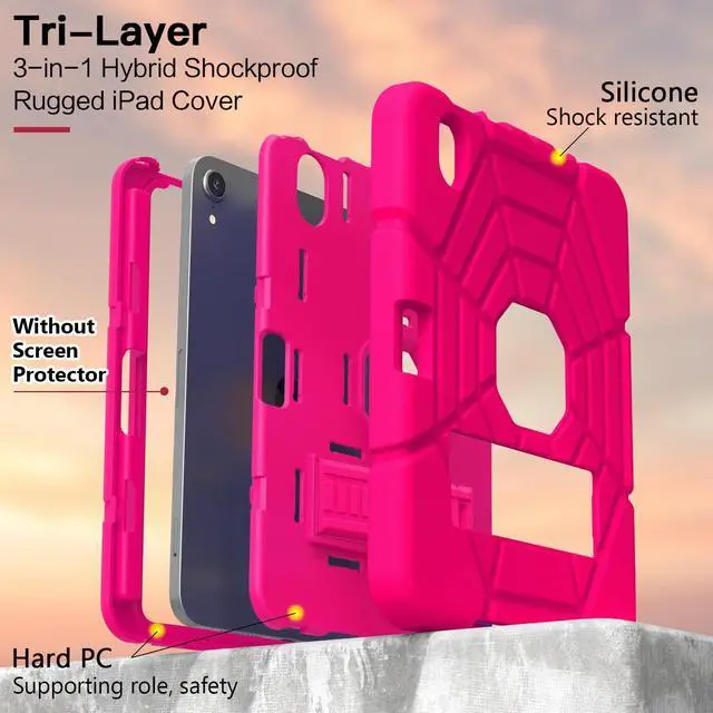 Alt view image 5 of 5 - Grifobes Case for iPad Mini 7th 2024 (A17 Pro) / Mini 6th Generation 2021 8.3", Heavy Duty Shockproof Cover with Pencil Holder Stand, for Mini 7/6 Gen 8.3 inch Case for Kids Girls (Hot Pink)
