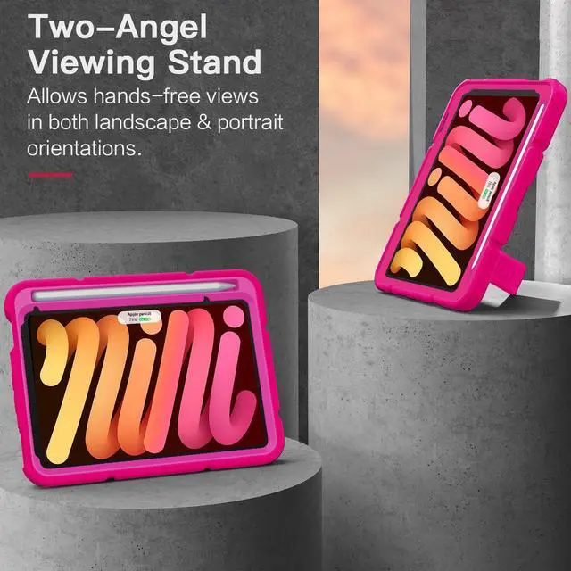 Alt view image 4 of 5 - Grifobes Case for iPad Mini 7th 2024 (A17 Pro) / Mini 6th Generation 2021 8.3", Heavy Duty Shockproof Cover with Pencil Holder Stand, for Mini 7/6 Gen 8.3 inch Case for Kids Girls (Hot Pink)