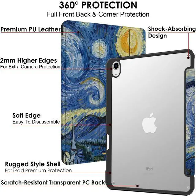 Alt view image 4 of 5 - DuraSafe Cases for iPad Air 6th Air 11 2024 Air 5th 2022 Air 4th 2020 Gen [iPad Air 6/5 / 4/11 ] A2316 MM6R3LL/A MM6T3LL/A Shell TPU Corner PC Transparent Case Pencil Holder - Starry Night Print