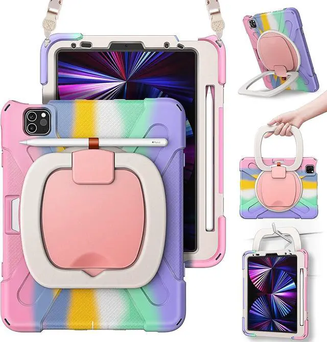 Main image of PboyiqiS for iPad Air 11 2025/2024 Case, Heavy Sturdy Shockproof Kids Case,Rotating Stand/Pencil Holder/Carrying Strap,Aslo for iPad Air 5/4/Pro 11 (Colourful Pink)