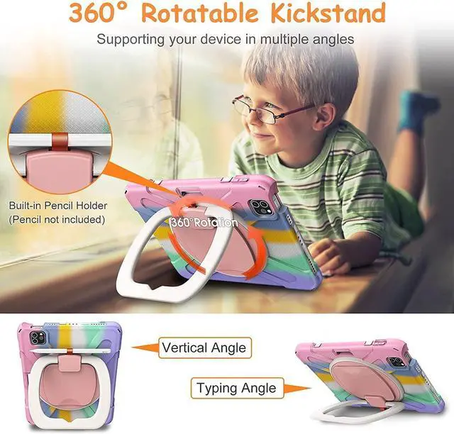 Alt view image 5 of 5 - PboyiqiS for iPad Air 11 2025/2024 Case, Heavy Sturdy Shockproof Kids Case,Rotating Stand/Pencil Holder/Carrying Strap,Aslo for iPad Air 5/4/Pro 11 (Colourful Pink)