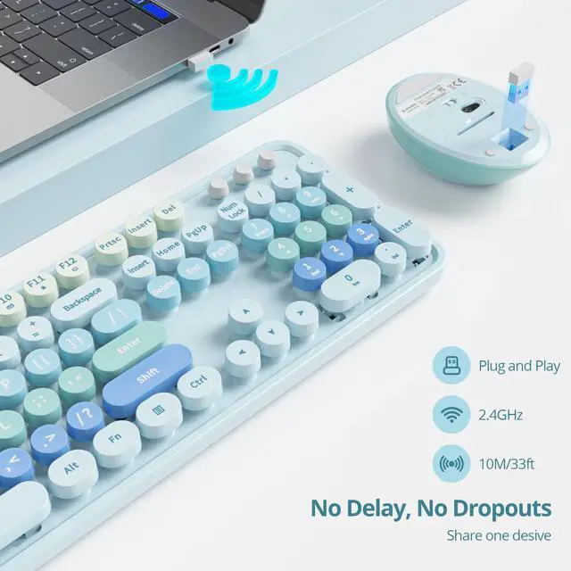 Alt view image 2 of 5 - GTSP Cute Blue Keyboard and Mouse Wireless, Colorful Retro Typewriter Full-Size Aesthetic Office Keyboard 2.4GHz with Round Keycaps for Desktop Laptop and PC (Cute Blue)