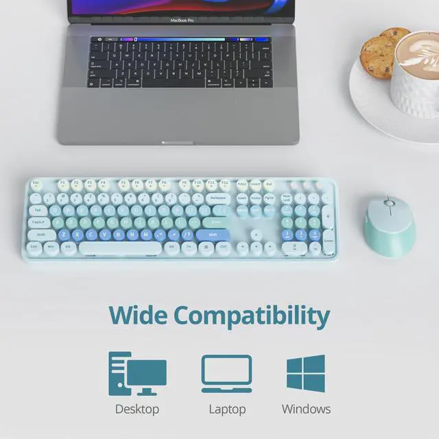 Alt view image 5 of 5 - GTSP Cute Blue Keyboard and Mouse Wireless, Colorful Retro Typewriter Full-Size Aesthetic Office Keyboard 2.4GHz with Round Keycaps for Desktop Laptop and PC (Cute Blue)