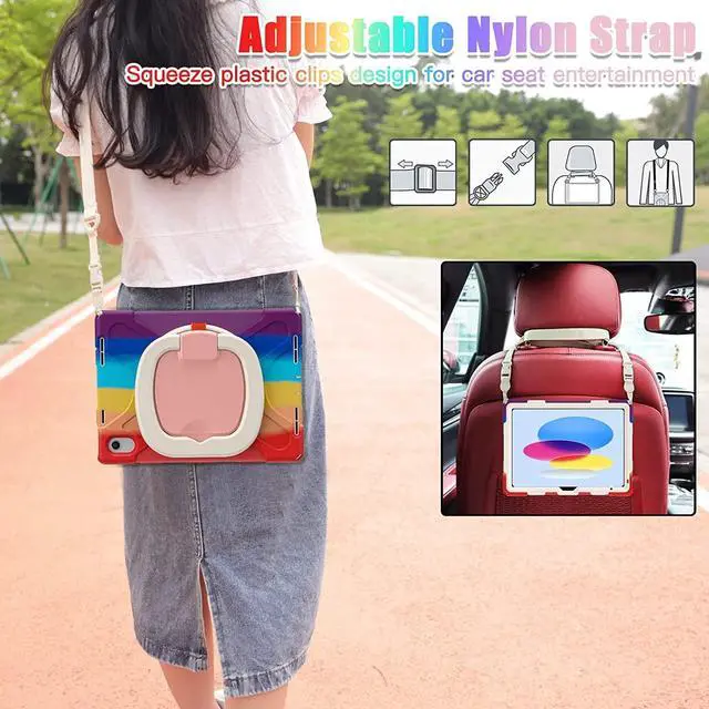 Alt view image 4 of 5 - PboyiqiS for iPad(A16) 11inch 2025 Case,Aslo for iPad 10 10.9 inch 2022, Heavy Sturdy Shockproof Kids Case,Rotating Stand/Pencil Holder/Carrying Strap (Colourful Red)
